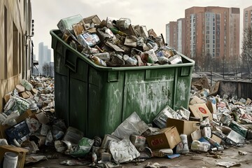 Large green dumpster is filled with trash, including a lot of cardboard boxes. Concept of waste and excess, as well as the need for proper waste management