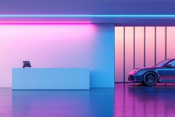 Futuristic Car Showroom - Neon Lights, Sports Car Display - Space for Text