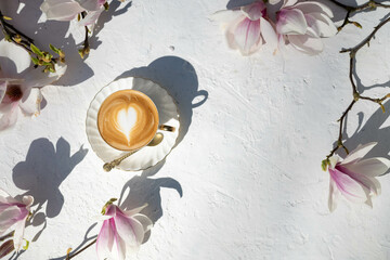 A soft and elegant flat lay featuring delicate magnolia blossoms arranged around the edges of a lightly textur background for invitations, seasonal branding, website headers, or minimalistic wall art.