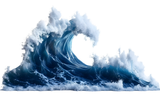 Large stormy sea wave in deep blue, isolated on white. Nature of the climate. in front. Generative AI