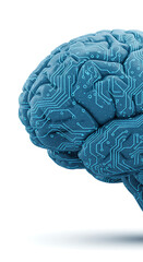 A digital illustration of a human brain merging with a circuit board, symbolizing artificial intelligence integration. Bright tech-blue tones on a clean background.