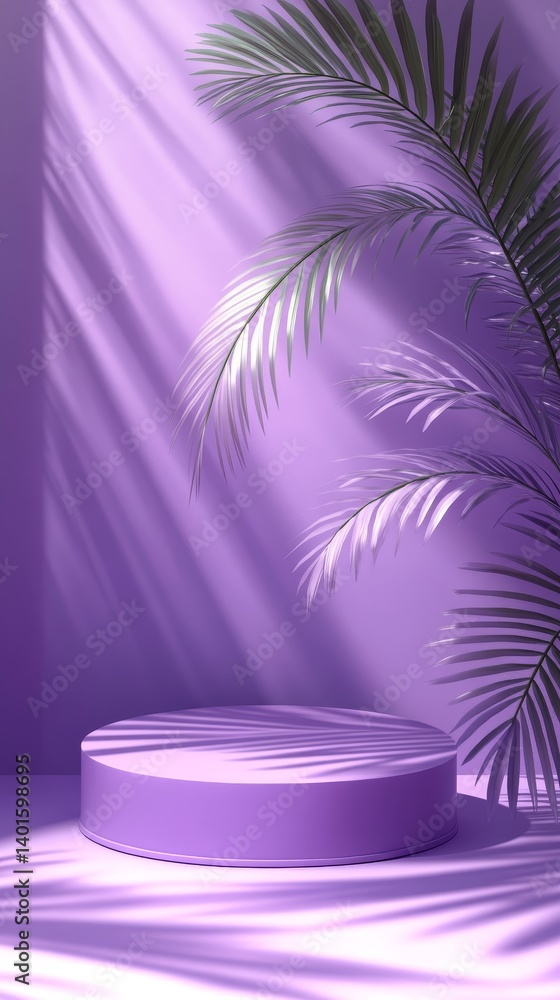 Poster purple backdrop with palm leaves creating a serene atmosphere in a minimalist setting with soft sunl