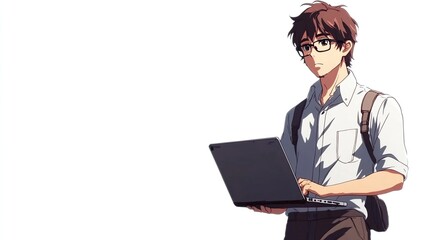 Young man with laptop, glasses, backpack.