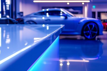 Modern Car Showroom - Illuminated Counter, Blurred Sports Car