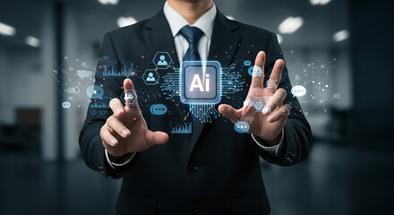 A conceptual image of a holographic AI assistant interface floating in front of a professional, with icons like chat bubbles, graphs, and data nodes. Minimal futuristic background.