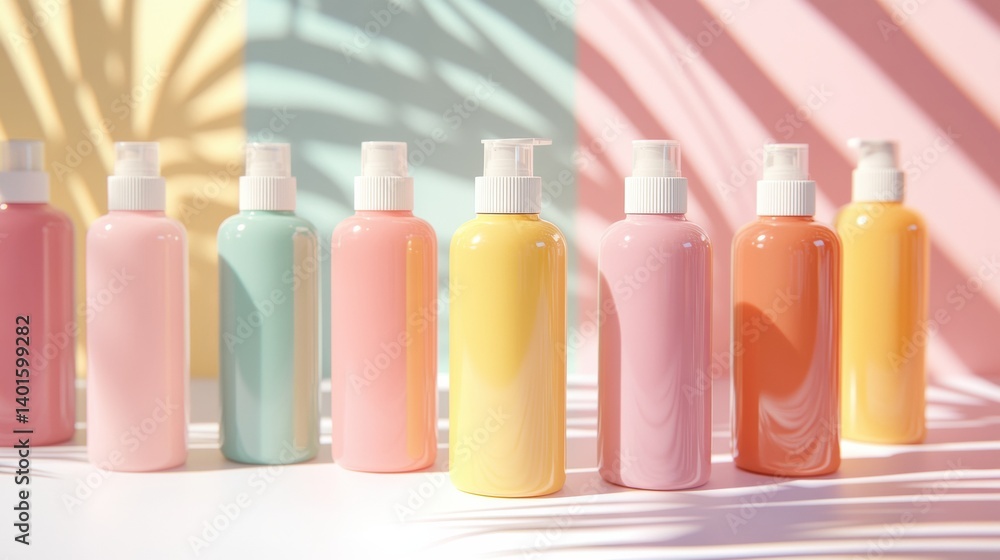 Poster choose from a variety of modern pet shampoo bottles arranged on a vibrant background showcasing clea