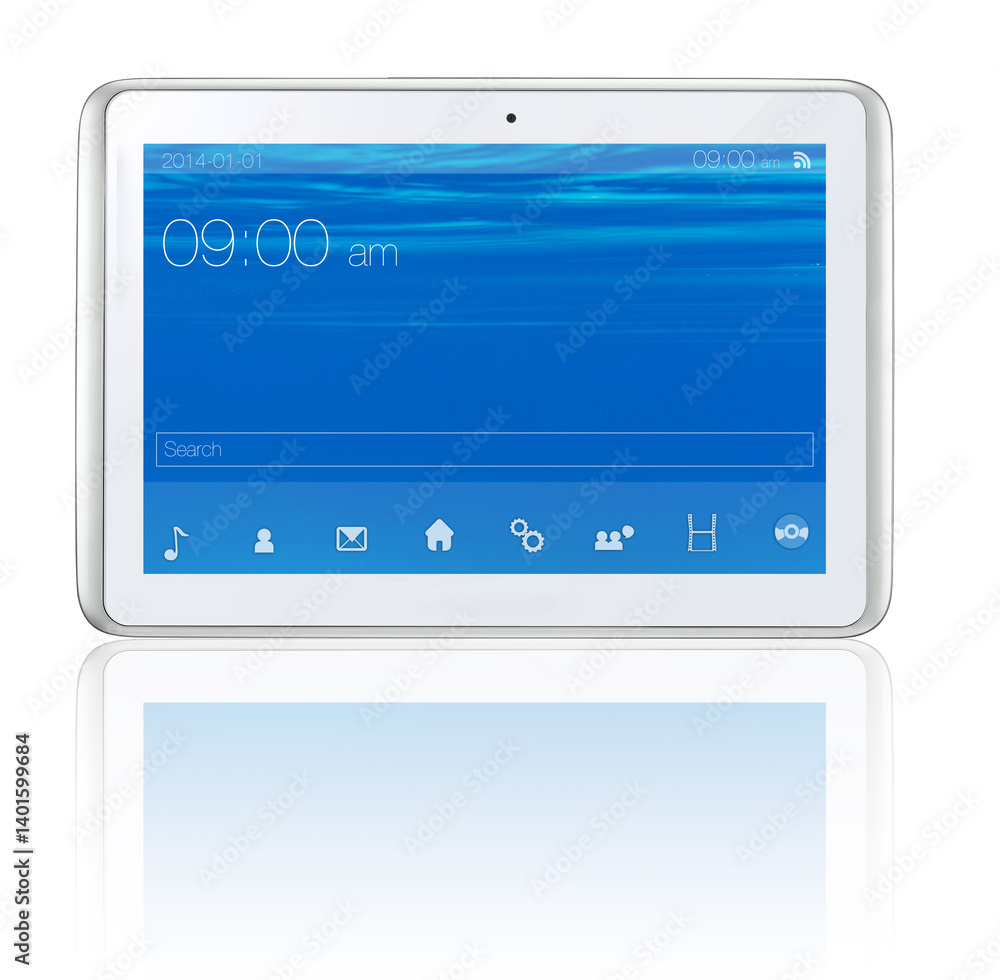 Poster tablet, screen and digital icons in studio isolated on a white background mockup space. tech, displa