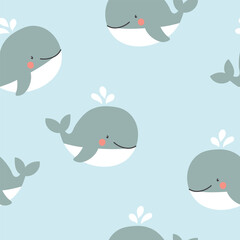 Cute whale seamless pattern. Background for kids with whales. Summer vector illustration. It can be used for wallpapers, wrapping, cards, patterns for clothes and other.