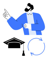 Educator gesturing upward, graduation cap, and cycle arrows suggest growth, learning, and progress. Ideal for education, growth, guidance, learning paths career development personal improvement