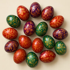 A vibrant Easter scene featuring colorful eggs, playful bunnies, and floral patterns, celebrating springtime, family traditions, and festive joy, perfect for holiday cards and seasonal designs.