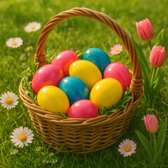 A vibrant Easter scene featuring colorful eggs, playful bunnies, and floral patterns, celebrating springtime, family traditions, and festive joy, perfect for holiday cards and seasonal designs.