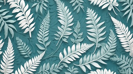White paper fern leaves pattern on teal background