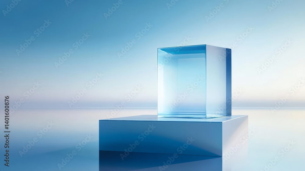 Poster clear acrylic block illuminated by blue light on a dark surface creating a striking visual effect an