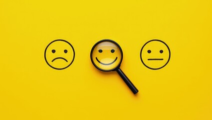 Customer review satisfaction feedback survey concept to gather insights and improve its services. A magnifying glass focuses on smile face among different feedback emoticons on yellow background