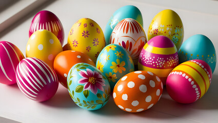 Obraz premium A vibrant Easter scene featuring colorful eggs, playful bunnies, and floral patterns, celebrating springtime, family traditions, and festive joy, perfect for holiday cards and seasonal designs.