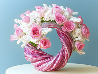 Pink roses and white flowers arranged in an ornamental vase on a table against a blue background