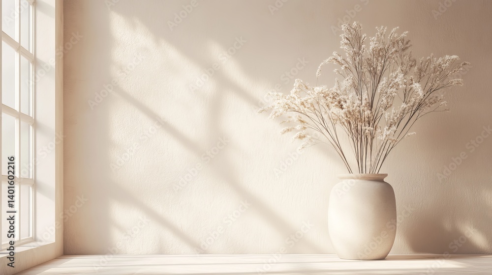 Poster soft beige background with dried grass placed elegantly, creating a tranquil and warm atmosphere in 