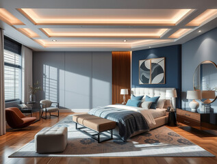 modern luxury bedroom interior blue color