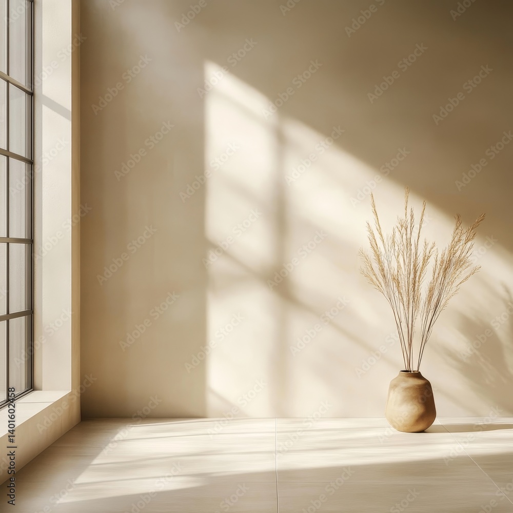 Poster minimalist vase with delicate branches in soft sunlight creating an elegant ambiance in a serene ind