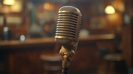Vintage Microphone in a Retro Bar Setting: A Nostalgic Image
