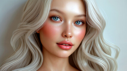 Fototapeta premium A young woman with flowing platinum blonde hair and delicate, rosy cheeks, exuding ethereal beauty against a soft, neutral backdrop