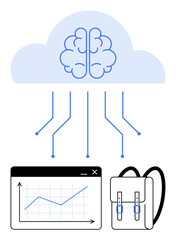 Brain in a cloud linked to data lines, graph interface, and backpack. Ideal for education, analytics, technology, eLearning, STEM AI knowledge sharing. Minimal flat simple metaphor