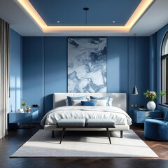 modern luxury bedroom interior blue color