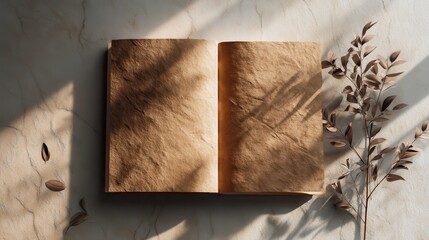 An open book rests on a textured surface with soft light and shadows creating a tranquil ambiance. Dried leaves accompany the book, adding to the peaceful atmosphere