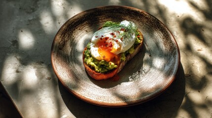 A plate showcases artisanal bread topped with creamy avocado, a poached egg with a runny yolk, and a sprinkle of red pepper flakes, all in a warm, inviting cafe
