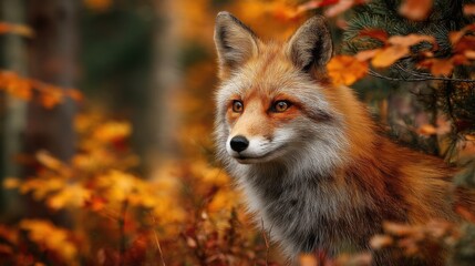 Fototapeta premium A red fox stands gracefully in a lush autumn forest, showcasing its beautiful fur as vibrant leaves of orange and yellow create a stunning backdrop in the tranquil scene