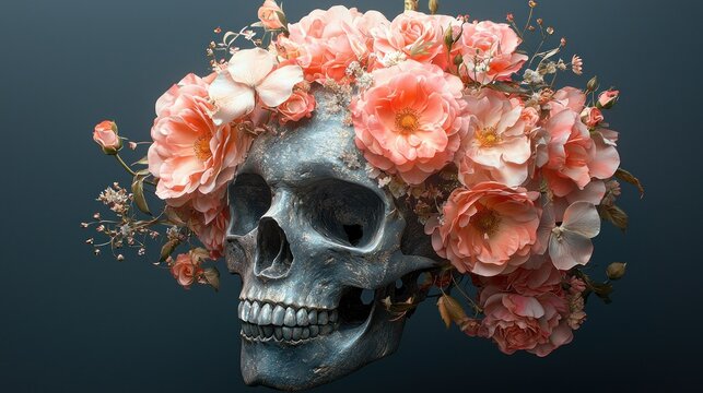 Memento Mori: A Skull Adorned with Peach Roses