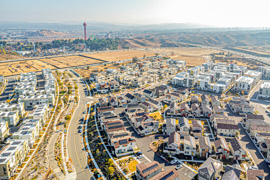 Valencia, California &ndash; January 29, 2025: Aerial Photo for New Home, Townhouse, near Magic Mountain including Skylar by Toll Brothers, Valencia by FivePoint, KB Home, Richmond American Homes, etc.