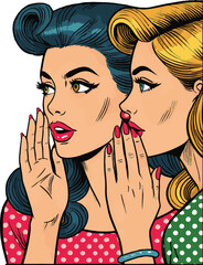 "Retro Pop Art Illustration: Two Women Sharing a Secret"