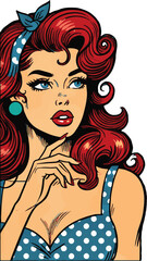 "Vintage Pop Art Illustration of a Red-Haired Woman in Polka Dot Dress"