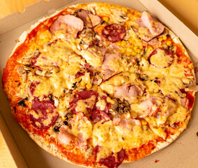 Delicious mixed toppings pizza served in a delivery box
