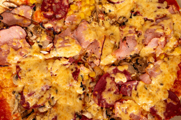 Delicious pizza topped with various meats and melted cheese