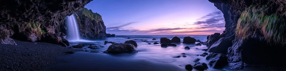 Obraz premium Coastal Sunset Reflecting on Calm Waters With Unique Rock Formations at a Secluded Beach