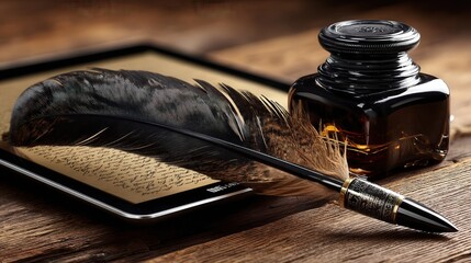 a feather pen, quill, handwriting, writing on a digital tablet and ink bottle 