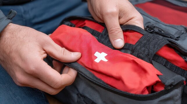  person packing a first aid kit into a travel bag for safety, health, and preparedness  