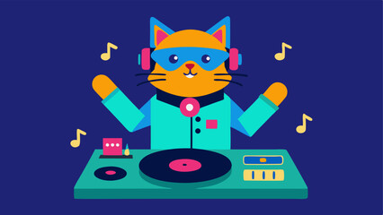 Pawsome Mix In this illustration the DJ cat is depicted as an energetic performer sporting a colorful bandana and a flashy outfit. The turntable is detailed with spinning vinyl