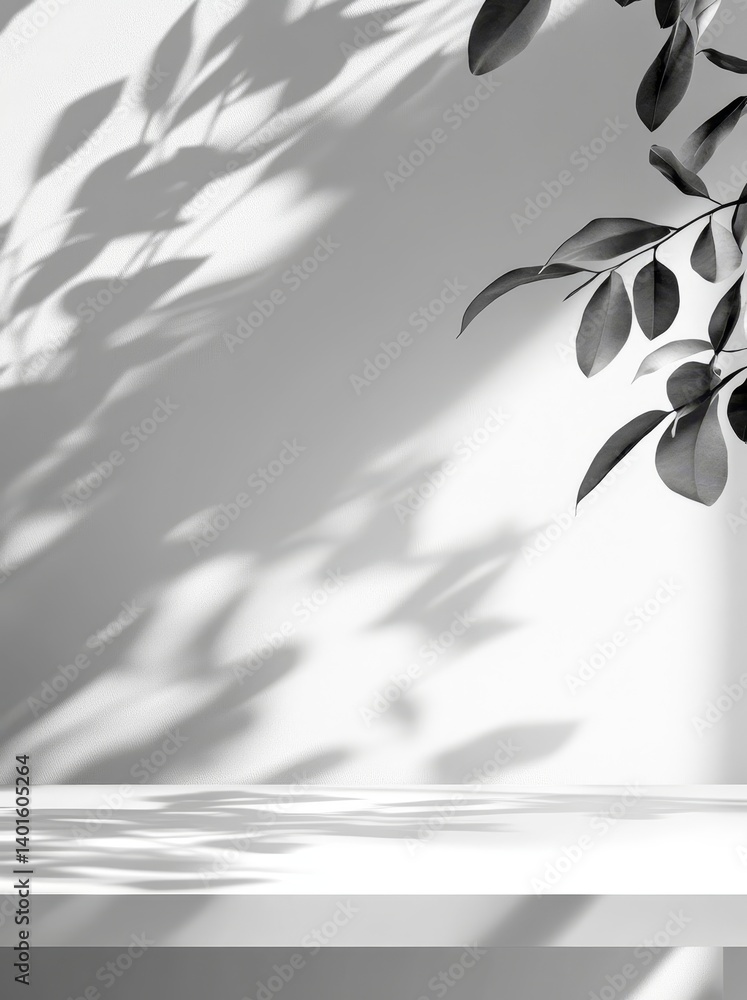 Poster light and shadow interplay with a plant casting intricate patterns on a wall in a serene indoor sett