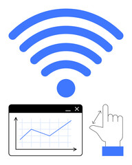 wireless symbol above graph on screen with upward trends and touch gesture. Ideal for technology, connectivity, data analytics, remote control, smart devices, digital communication, flat simple