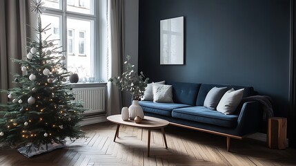 Fototapeta premium Cozy living room featuring a beautifully decorated Christmas tree with lights and ornaments, stylish blue sofa with decorative cushions, and a modern wooden coffee table in a dark wall setting