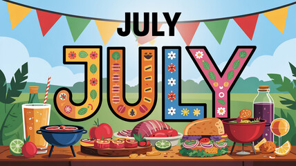 A vibrant illustration of a summer picnic scene with colorful decorations, and delicious food.