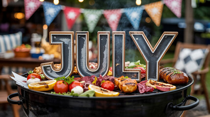 The word July is displayed over a barbecue with grilled food and a banner in the background.