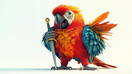 Parrot with Sword.  A vibrant parrot, standing proud, holding a sword.  Colorful plumage,  and expressive eyes