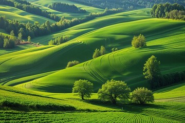 Obraz premium Emerald Rolling Hills: An Enchanting Abstract Landscape of Agricultural Serenity in Moravia, Czech Republic