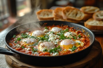 Shakshuka simmers in a cast iron skillet, topped with feta and herbs, served with toasted bread. A warm, inviting breakfast or brunch dish