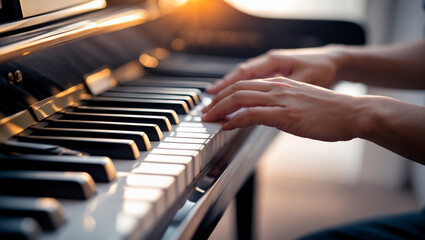 Obraz premium Hands of a pianist playing the piano with graceful movements, creating a beautiful melody.