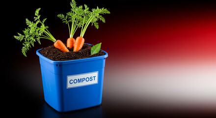 Carrots in compost bin with soil and green leaf on black and red background. Fresh carrots growing in a blue compost bin with soil and leaf